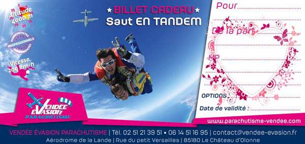 Vendée Evasion Bon Cadeau parachutisme saut en parachute tandem et chute libre - Pays de La Loire