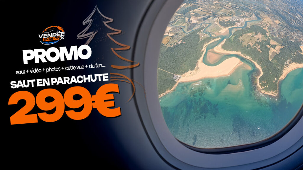 Vue aérienne de la plage du Veillon depuis un hublot avec promotion saut en parachute à 299€