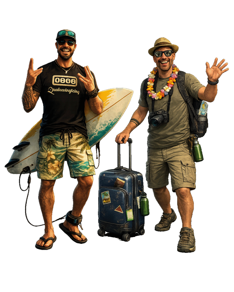 Illustration deux profils de visiteurs aux Sables-d'Olonne — surfeur portant une planche avec t-shirt